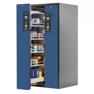 asecos Type 90 fire resistant vertical pull-out cabinet, 2 drawers, 8 tray shelves, grey/blue