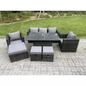Fimous 8 Seater Outdoor Rattan Garden Furniture Sofa Set Patio Adjustable Rising Lifting Dining Table Set with Armchairs 3 Footstools Dark Grey Mixed