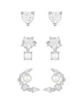 Mood Silver Crystal Cubic Zirconia And Pearl Delicate Celestial Stud Earrings - Pack of 2, Silver, Women