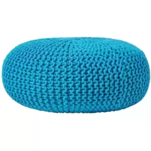 Teal Blue Large Round Cotton Knitted Pouffe Footstool - Teal Blue - Homescapes