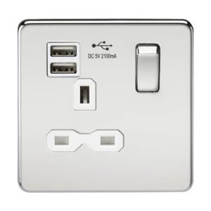 KnightsBridge 13A 1G Screwless Polished Chrome 1G Switched Socket with Dual 5V USB Charger Ports - White Insert