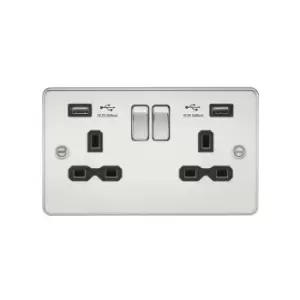 Flat plate 13A 2G switched socket with dual usb charger (2.4A) - polished chrome with Black insert - Knightsbridge