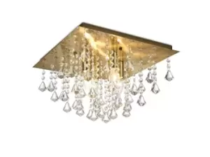 Acton Flush Ceiling 4 Light E14, 380mm Square, Antique Brass, Prism Crystal