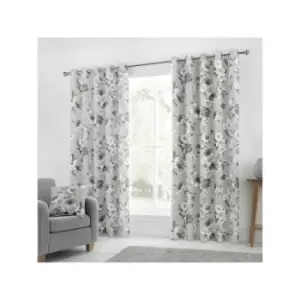 Charity Floral Print 100% Cotton Eyelet Lined Curtains, Grey, 90 x 90" - Fusion