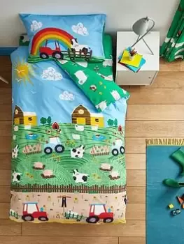 Catherine Lansfield Bedding Farmyard Animals Single Duvet Cover Set With Pillowcases Blue, Green, Size Junior