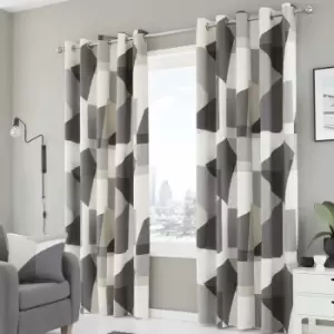 Fusion Geometra Contemporary Print 100% Cotton Eyelet Lined Curtains, Charcoal, 66 x 72 Inch