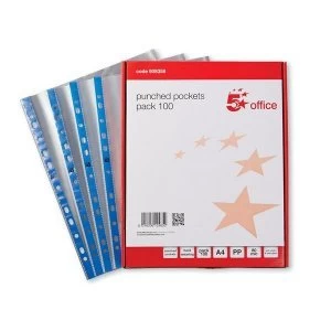 5 Star Office A4 Polypropylene Top Opening 80 Micron Punched Pocket Clear with Blue Strip Pack of 100