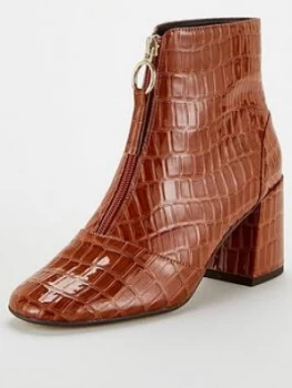 OFFICE Abir Front Zip Square Toe 60's Ankle Boots - Tan, Chocolate Croc Patent, Size 7, Women