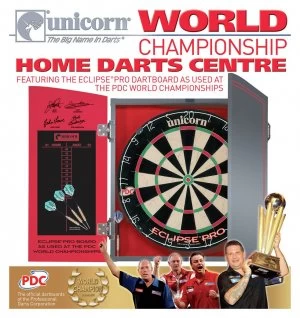 Unicorn World Championship Dartboard Cabinet and Darts.