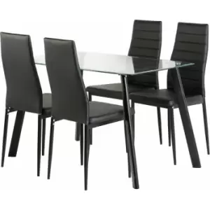 Modern Glass Top Kitchen Dining Set with 4 chairs in Black Faux Leather
