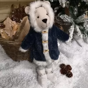38cm Standing Plush Christmas Winter Polar Bear with Blue Coat and Fur Trim