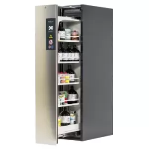 asecos Type 90 fire resistant vertical pull-out cabinet, 1 drawer, 4 tray shelves, grey/stainless steel