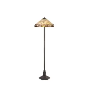 2 Light Octagonal Floor Lamp E27 With 40cm Tiffany Shade, Amber, Crystal, Aged Antique Brass