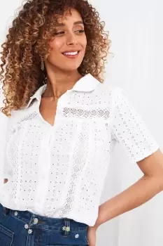 Classic White Broderie Detail Short Sleeve Button Down Collared Blouse