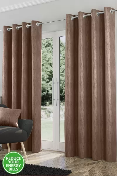 Enhanced Living Goodwood Bronze Thermal, Energy Saving, Dimout Eyelet Pair Of Curtains With Wave Pattern 66 X 54" (168X137Cm)
