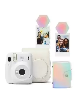 Fujifilm Instax Mini 11 Instant Camera Kit Inc Case, 10 Shot White Film, Iridescent Album & Magnets - Ice White