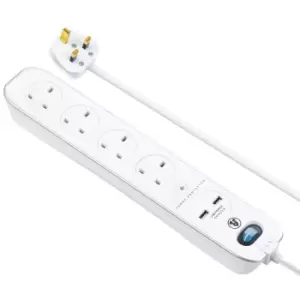 Masterplug 4 Socket 2m Switched Inline Surge Extension Lead + USB (2 port 3.1A) - Gloss White