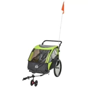 2 In 1 Trailer for Kids Child Foldable Baby Stroller 2-Seater Transport Carrier with Adjustable Handlebar Storage Bag Flag Green by HOMCOM