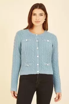 Blue Cable Knit Cropped Button Up Cardigan