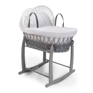 Clair de Lune Waffle Grey Wicker Moses Basket in White & Grey Deluxe Rocking Stand - White