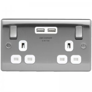 British General Nexus Brushed Stainless Steel Switched Double Socket + 2 x USB Port Insert
