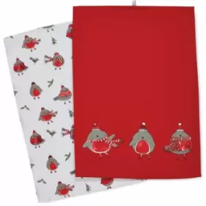 Christmas Robins 100% Cotton Tea Towel, Red, 2 Pack - Catherine Lansfield