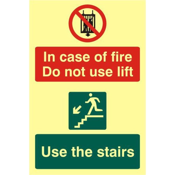 ASEC In Case Of Fire Do Not Use Lift 200mm x 300mm PVC Self Adhesive Photo luminescent Sign
