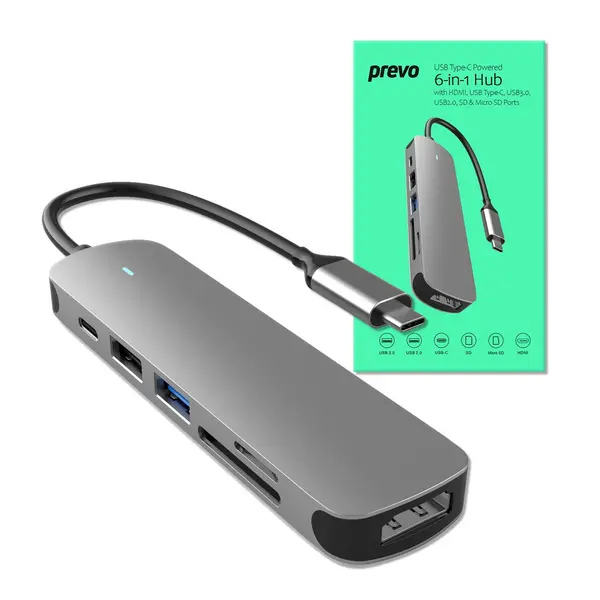 Prevo Prevo C605A USB Type-C 6-In-1 Hub Docking Station with HDMI, SD and TF Card Reader, USB 2.0, USB 3.0, USB-C, 4K HDMI, PC, Laptop, Tablets, iPad,