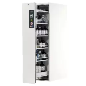 asecos Type 90 fire resistant vertical pull-out cabinet, 1 drawer, 4 tray shelves, laboratory white