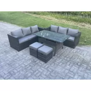 Fimous - pe Wicker Outdoor Garden Furniture Set Patio Rattan Rectangular Dining Table Lounge Sofa with 2 Small Footstool 8 Seater Dark Grey Mixed