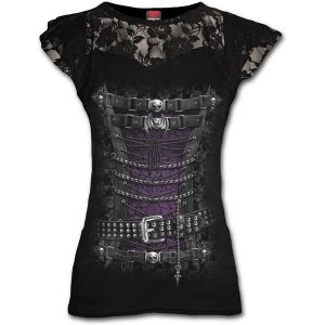 Waisted Corset Lace Layered Cap Sleeve Womens X-Large Short Sleeve Top - Black