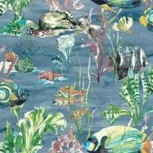 Grandeco Aquarium Fish Tank Deep Blue Wallpaper - wilko