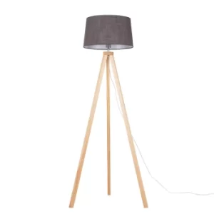 Barbro Light Wood Tripod Floor Lamp with Dark Grey Doretta Shade