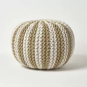 Off White and Linen Knitted Pouffe Striped Footstool 40 x 50cm - Linen & Off White - Homescapes