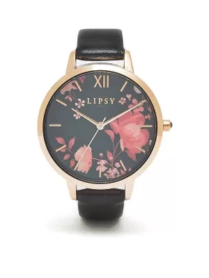 Lipsy Black Strap Watch with Floral Dial