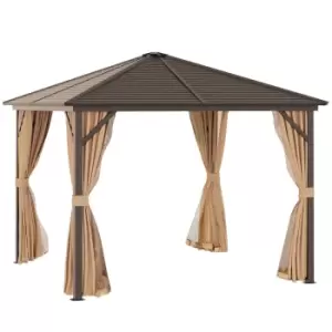 Outsunny 3X3M Hardtop Aluminium Gazebo Patio Tent Outdoor Sun Shelter Curtain - Brown