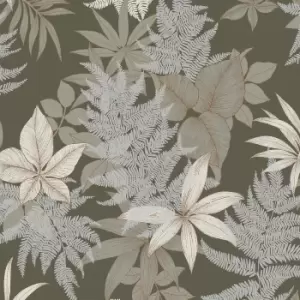 Grandeco Floral Field Fern Textured Khaki Green Wallpaper - wilko