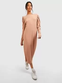 Boohoo Soft Rib Rouched Sleeve Midaxi Dress - Stone, Size 8, Women