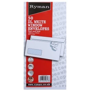 Ryman White Envelopes DL 90gsm Window Peel and Seal - Pack of 50