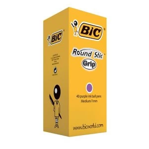 Bic Round Stic Grip Ballpoint Pens 1.0mm Tip 0.4mm Line Purple Pack of 40 Pens
