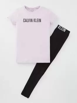 Calvin Klein Girls Tee And Legging PJ Set - Wisteria/Black/Multi, Size 10-12 Years, Women