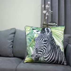 Paoletti - Zebra Jungle Print Faux Velvet Piped Cushion Cover, Green, 50 x 50 Cm