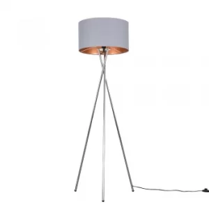 Camden Chrome Tripod Floor Lamp with XL Grey and Copper Reni Shade