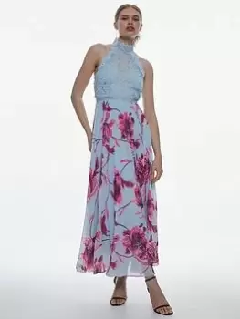 Karen Millen Lace Floral Pleated Midi Dress - Blue Size 10, Women