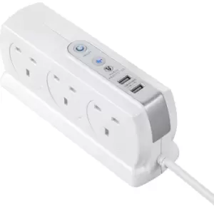 Masterplug 6 Socket 2m Switched Compact Surge Extension Lead + USB (2 port 3.1A) - Gloss White