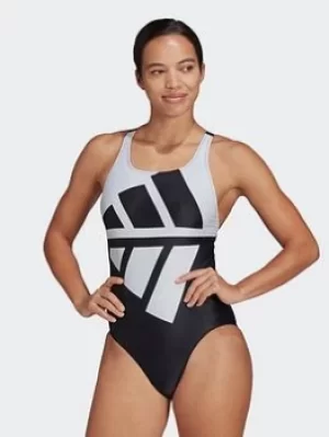adidas Logo Graphic Swimsuit, Black/White, Size 34, Women