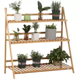 3-Tier Folding Bamboo Plant Stand Display Rack for Indoor & Outdoor - Natural wood finish - Outsunny