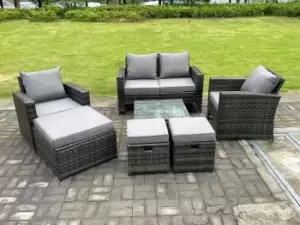 7 Seater Dark Grey Mixed High Back Rattan Sofa Set Square Coffee Table Garden Furniture Outdoor 3 Stools