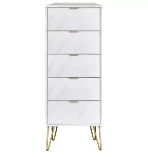 Hirato Ready Assembled 5 Drawer Tall Boy Marble Gold Metal Hairpin Legs