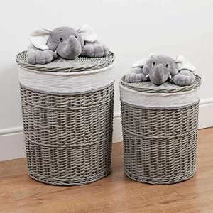 Bambino Set of 2 Round Wicker Laundry Baskets Plush Elephant